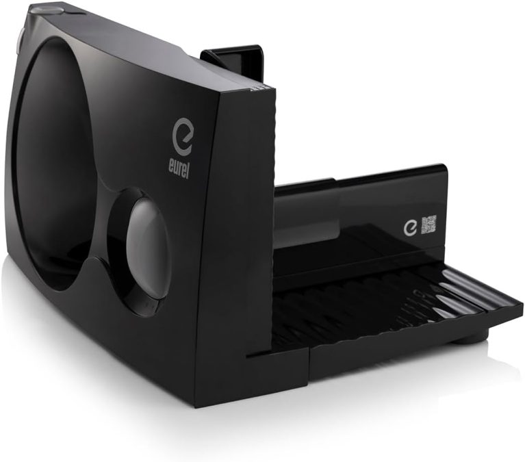 EUREL RS42, Trancheuse électrique noire à pain et charcuterie, Pliable, Lame inox 170 mm, Épaisseur réglable 0-17 mm, Moteur CC EcoDrive 80 W, Sans BPA