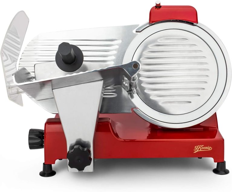H.Koenig Trancheuse électrique à jambon, viande, saucisson, charcuterie MSX254, professionnelle, précise, épaisseur de coupe 0-12 mm, lame italienne 25 cm, aiguiseur intégré, 282 rpm