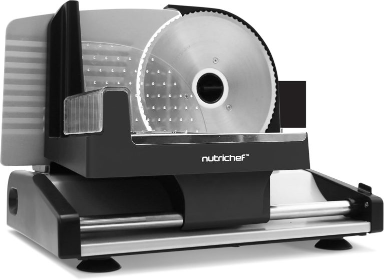 NutriChef Trancheuse Électrique 200 W pour Viande et Pain, Lame Amovible Inox 19 cm, Épaisseur Réglable 0 à 15 mm, Trancheuse Automatique Compacte, Noir