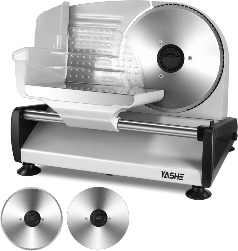 YASHE Trancheuse Électrique, Trancheuse à Viande et Pain de 250W avec Lames Lisse et Dentée de 19 cm, Épaisseur Réglable 0-15 mm, Verrouillage de Sécurité