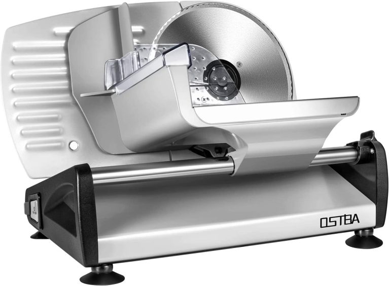 OSTBA SL518, Trancheuse électrique à jambon avec interrupteur sécurité enfants, Lame en acier inoxydable 19 cm, Épaisseur réglable 0-15 mm, 150 W