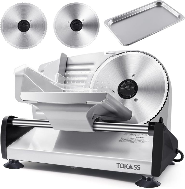 TOKASS Trancheuse électrique 200 W, Moteur DC silencieux, 2 lames inox 19 cm amovibles, Épaisseur réglable 0-15 mm, Multifonction pour jambon, viande, pain, fromage