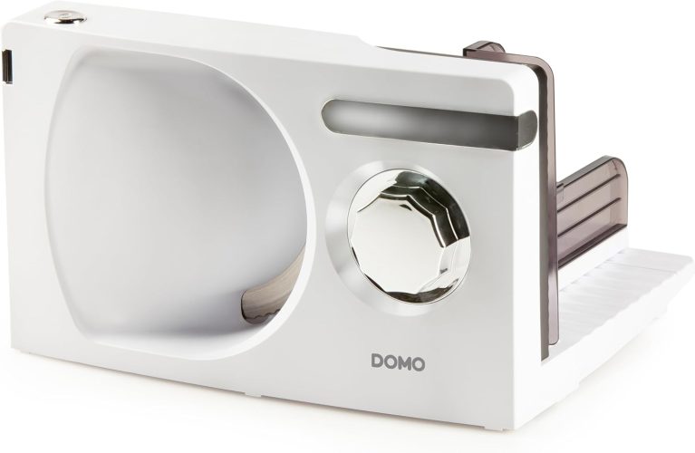 DOMO DO523S, trancheuse électrique Ø 17 cm, épaisseur réglable de 0 à 15 mm, moteur silencieux DC de 120 W, coloris blanc