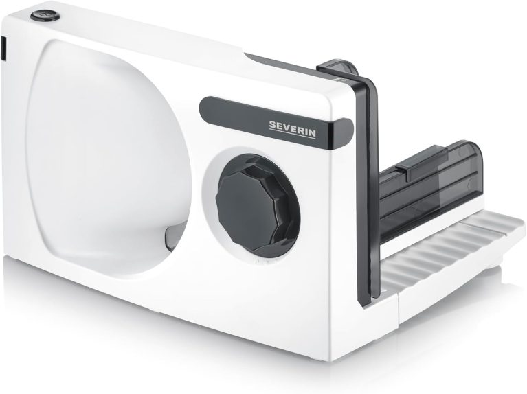 SEVERIN Trancheuse universelle 100 W, Trancheuse électrique pour découpe fine comme épaisse, Trancheuse à jambon, pain, fromage, avec lame en inox amovible, AS 3912, Blanc