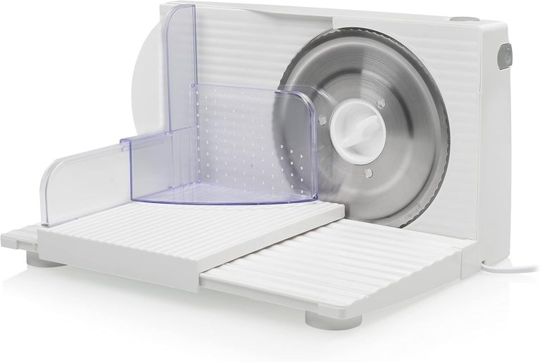 Tristar EM-2098, Trancheuse électrique pliable en acier inoxydable, Avec poussoir, Épaisseur de tranche réglable, 150 W